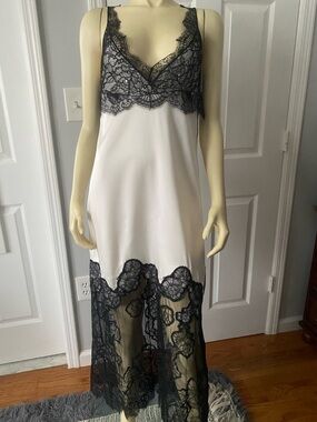 Lace-Trim White & Black Satin Slip Dress/Size Medium ZARA COLLECTION